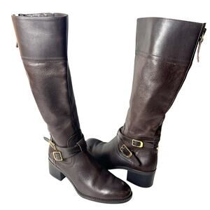 Franco Sarto Knee High Womens Size 7.5M Riding Boots Brown Leather Casual Zip Up
